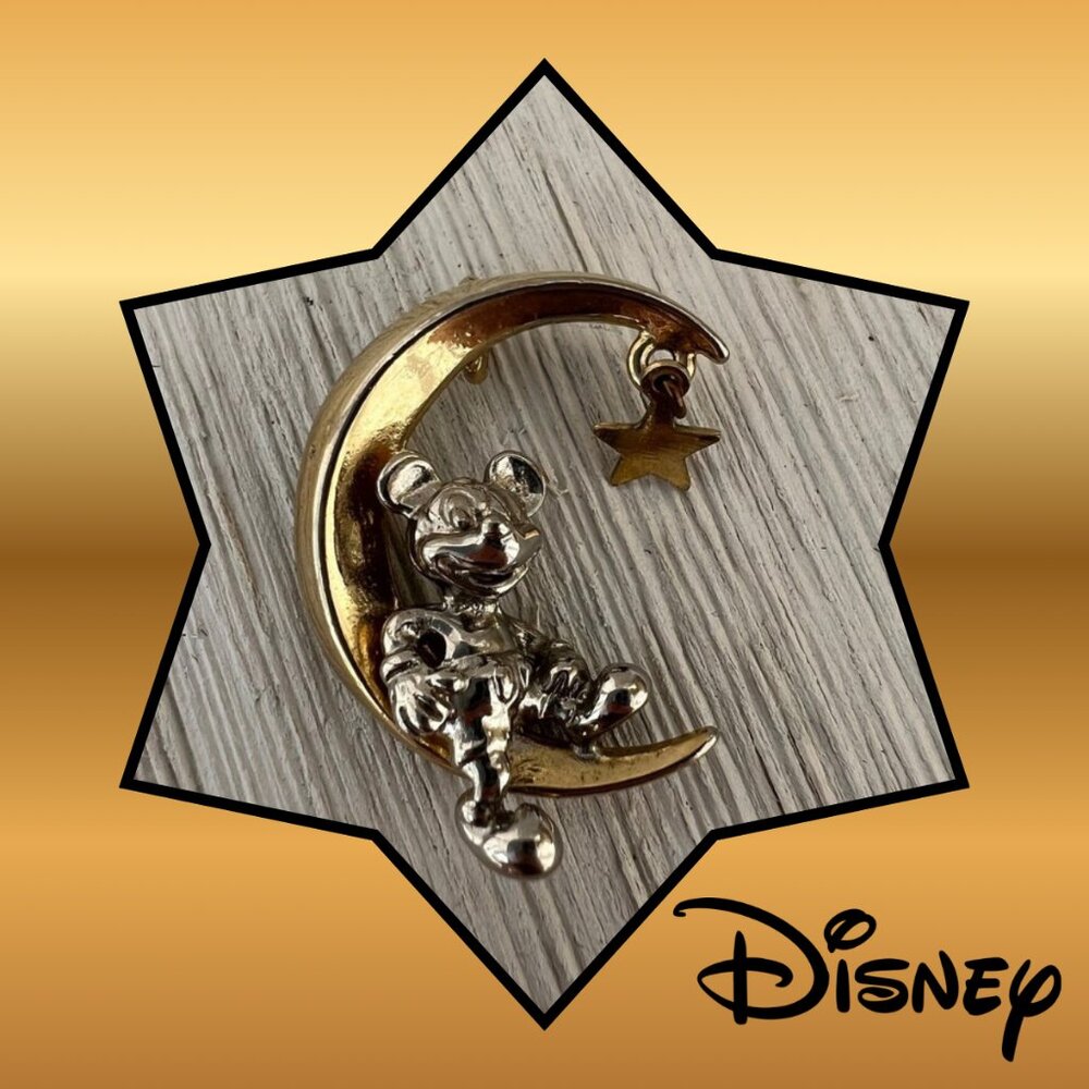 EUC Vintage Disney Mickey Mouse on The Moon Pendant Gold & Silver Tone